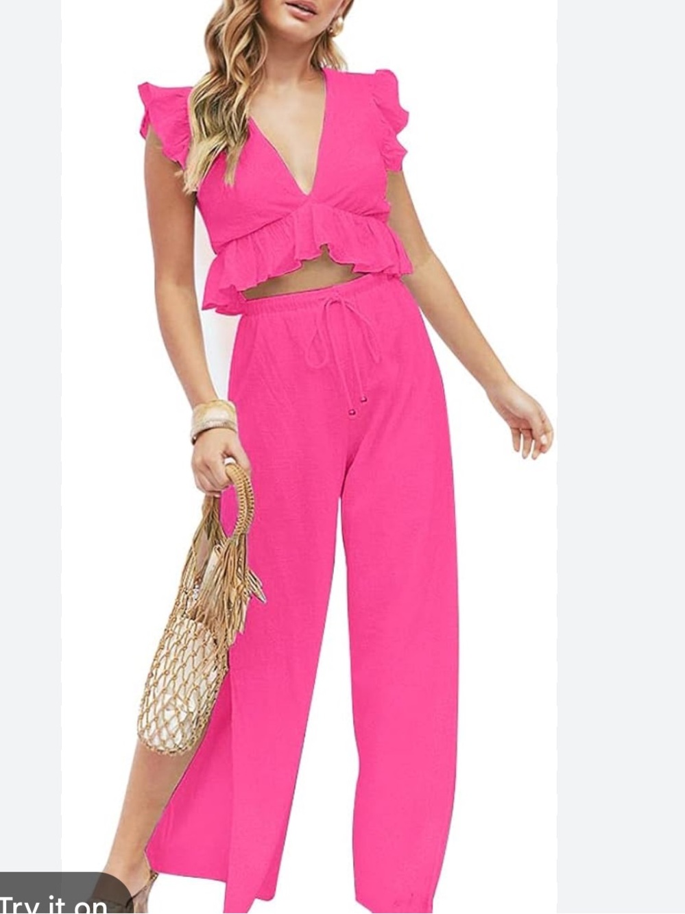 NWT Fancynn Hot Pink Ruffle 2-Piece Wide Leg Matching Set